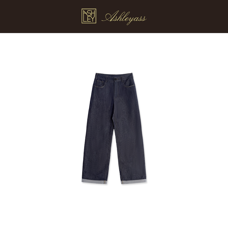 Ashleyass "Italian Indigo" Old Money Drapey Rolled Hem Straight-Leg Pants Women's Autumn Versatile Raw Denim Jeans Ashleyass "Italian Indigo" Old Money Drapey Rolled Hem Straight-Leg Pants Women's Autumn Versatile Raw Denim Jeans