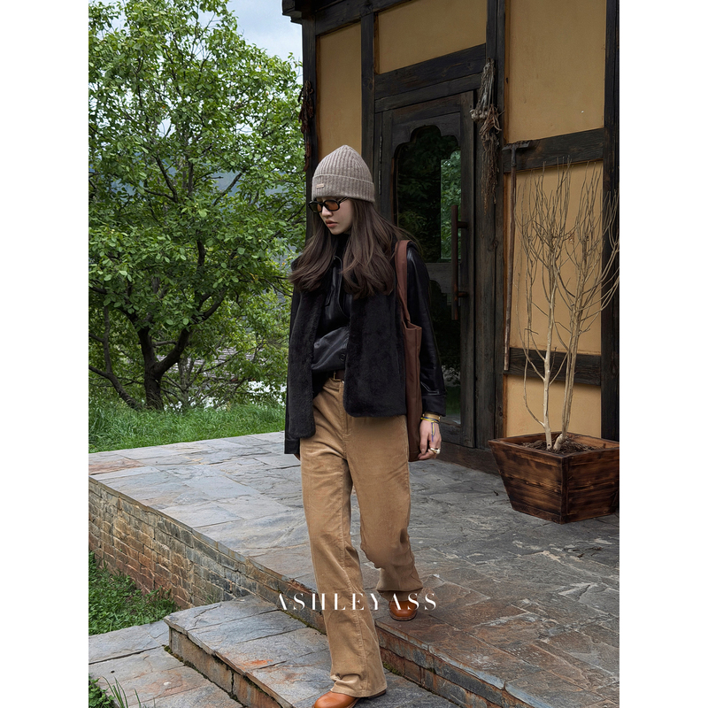 Ashleyass Chestnut Pants Retro Loose 100 High-Count Long-Staple Cotton Flared Pants Women's Autumn Corduroy Long Trousers