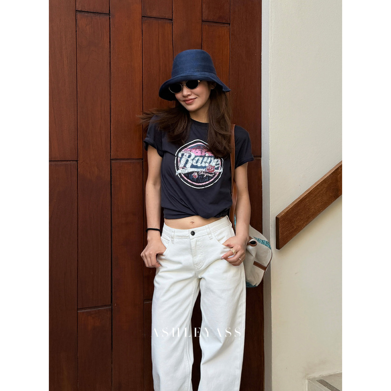 Ashleyass “Rainy T” Combed Cotton Vintage American-Style Distressed Print Loose Round-Neck Short-Sleeve Top
