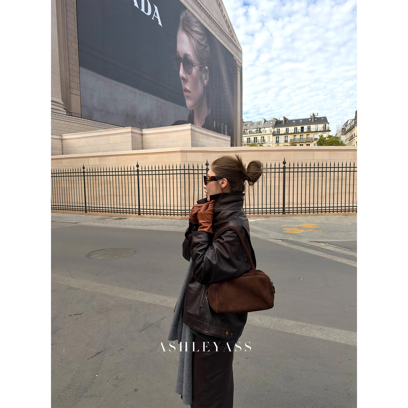 Ashleyass "Lada Leather Jacket" British Imported Sheep Leather Loose Shoulder-Length Leather Jacket