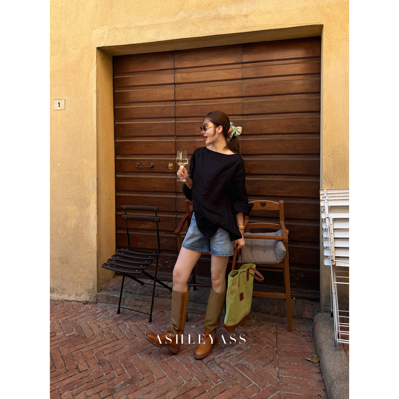 Ashleyass "Minimalist Aesthetic One-Shoulder Pullover Top: European Rain Dew Linen Dry-Fit Eight-Sleeve Top with a Dry-Fit Feel and Eight-Sleeve Length Design