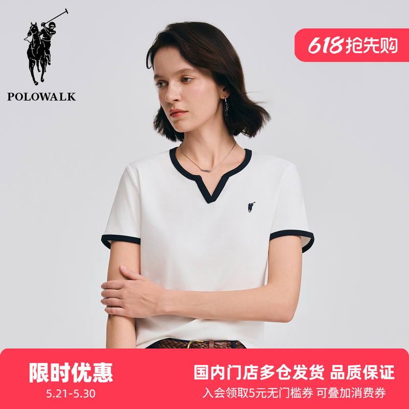 Polowalk Color-Blocked V-Neck Short-Sleeve T-Shirt, Summer Women's Exclusive Slim-Fit Slimming Sports Casual Top, Trendy
