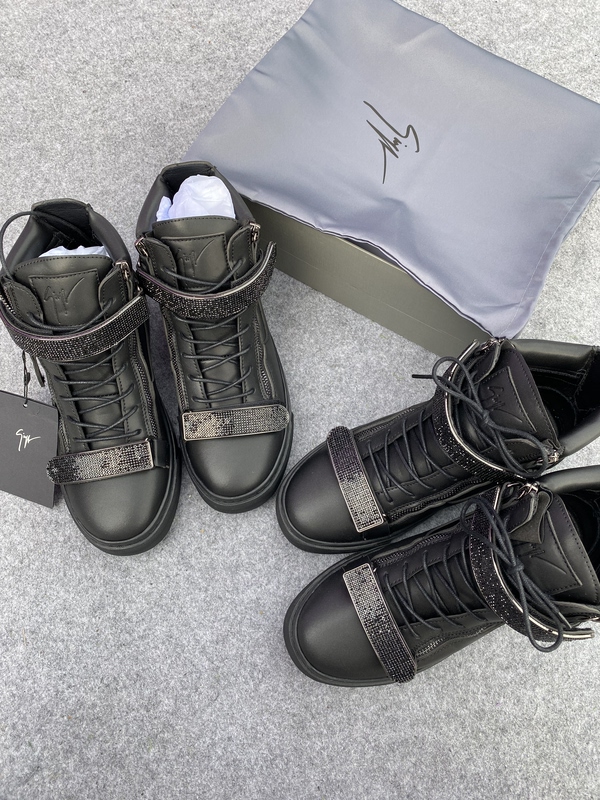 Deer Independent Gz Black Double-Buckle Full Black Diamond Double-Zip High-Top Leather Sneakers, Skinny Style, Versatile