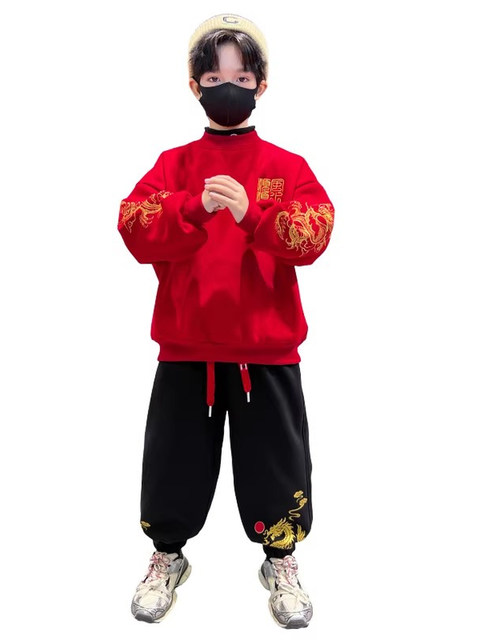 German Razt Brand Store Boys' Red Fleece-Lined Suit New Year Outfit Thickened Autumn and Winter Sweatshirt Year of the Horse Winter