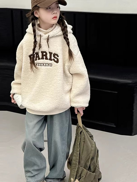 German Razt Brand Store Girls' Lamb Fleece Sweatshirt Autumn and Winter 2025 New Sweatshirt Fleece-Lined Hooded Pullover