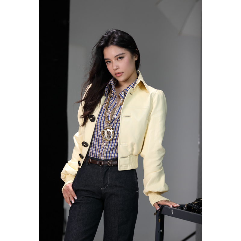 Xuxuspark Light Luxury Retro Casual Stylish Design Yellow Leather Jacket Short Coat Shirt Jeans Set for Women