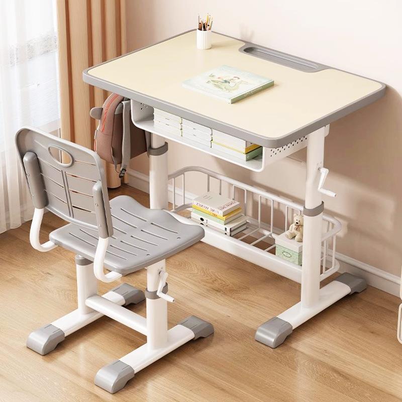 Children's study table, primary school student writing table, household children's desk and chair, hand-crankable lifting homework desk and chair set