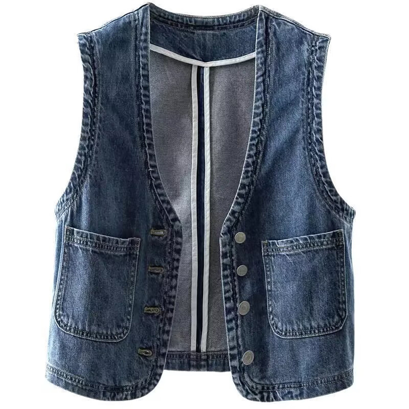 Hengqing Women's Clothing Hong Kong Style Retro Short Denim Vest Spring/Summer Fashionable Slim Fit Vest Outerwear Gilet