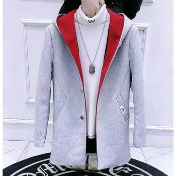 2023 new winter jacket men's windbreaker korean style trendy versatile internet celebrity hooded mid-length woolen coat for men