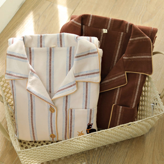 Couple's Pajamas Autumn and Winter Pure Cotton Brushed Flannel Long-Sleeve Set Cartoon Full Cotton Unisex Style Can Be Worn Outside Home Clothes