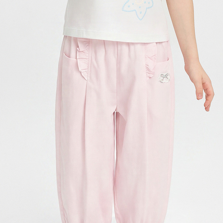 Balabala Girls' Casual Pants with Pink Ruffle Trim, Lightweight for Outings 201226108007