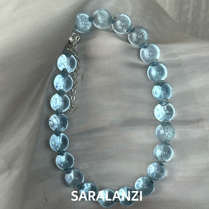Women's Clear Aquamarine Topaz Bracelet with Round Beads, Cool and Elegant Crystal Bracelet, Niche and Versatile, High-End