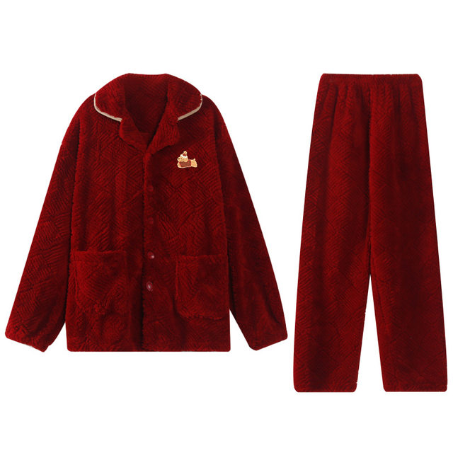 Autumn and Winter Coral Velvet Wedding Couple's Pajamas, Newlywed Thickened Fleece Zippered Red Home Wear Set That Can Be Worn Outside