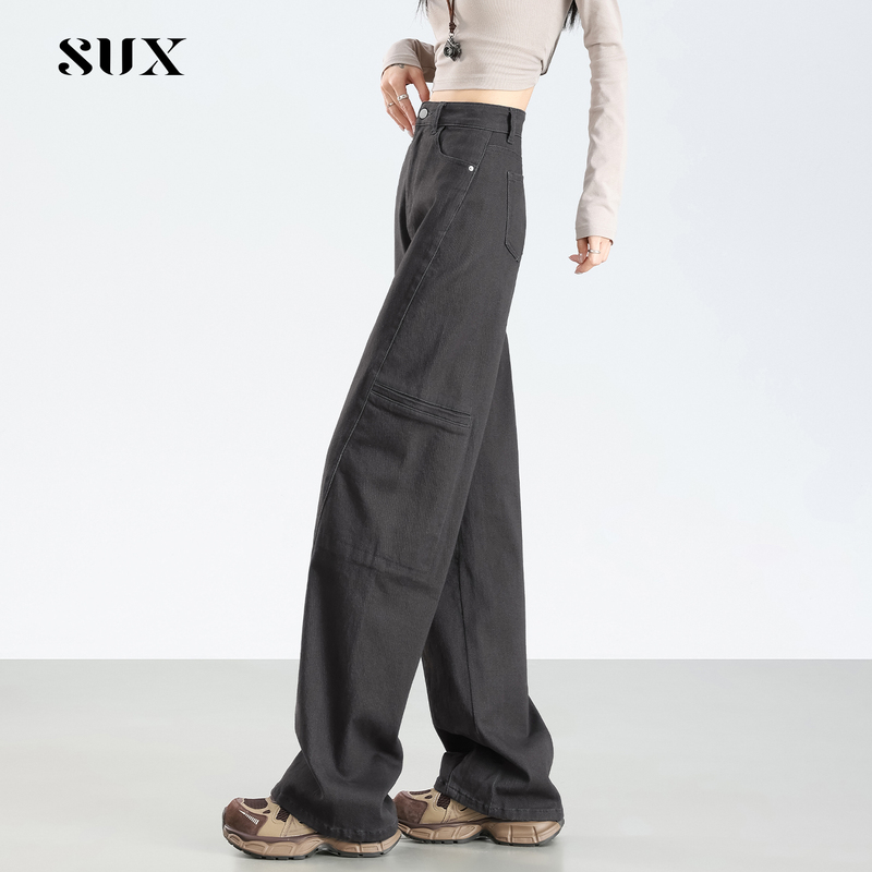 Charcoal Gray Curved Hem Jeans for Women, Loose Fit, Slimming, 2026 Autumn New High-Waisted Work Pants, Sweet Cool Style Wide-Leg Pants