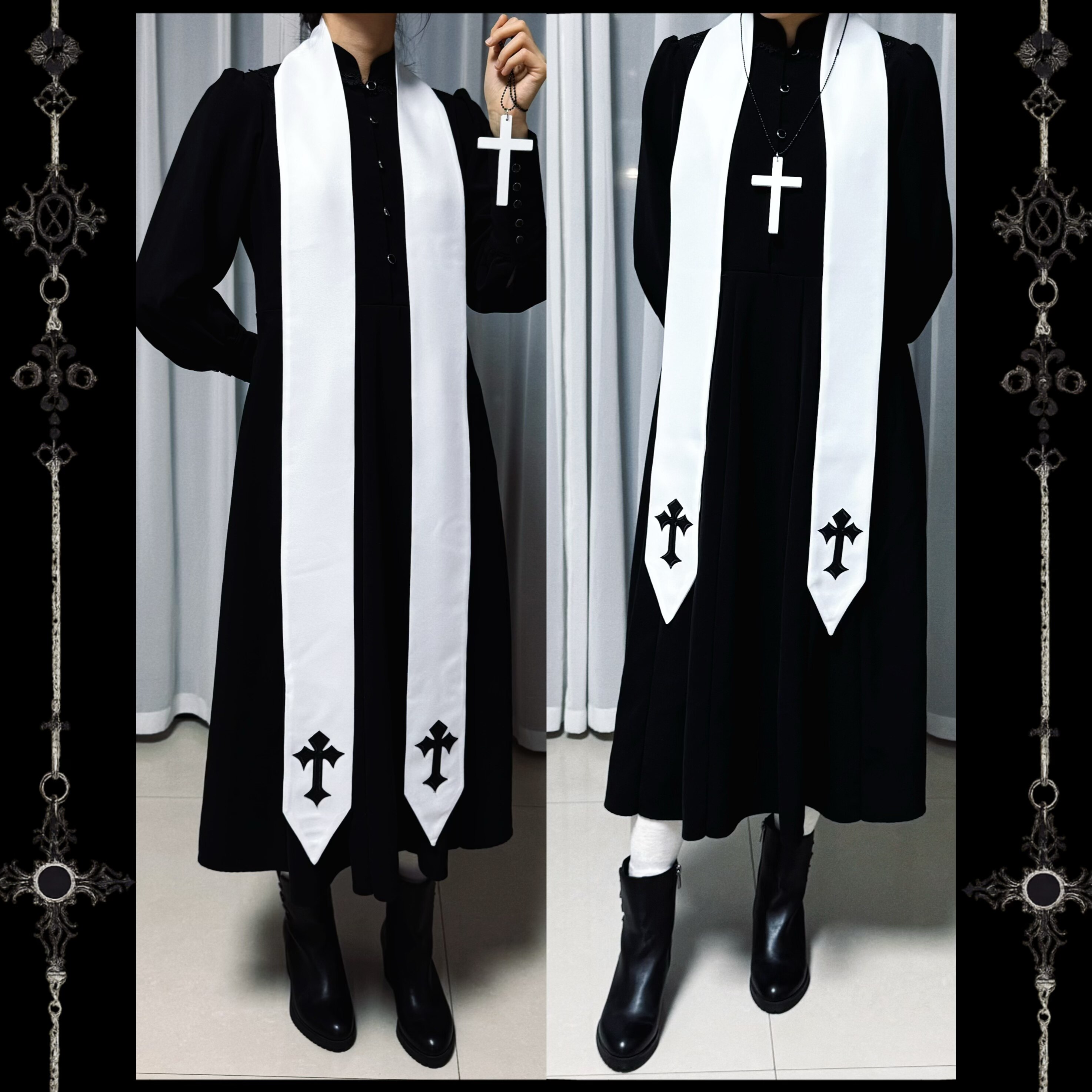 Holy ribbon Lolita priesthood accessories, priest/religious cosplay, ribbon vault design, gothic Halloween style.