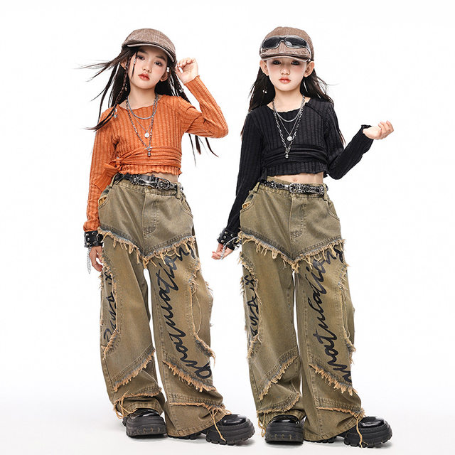 Children's Jazz Dance Trendy Clothing, Girls' Fashionable Wasteland Style Jeans, Runway Outfits, Hip-Hop Street Dance Performance Costumes