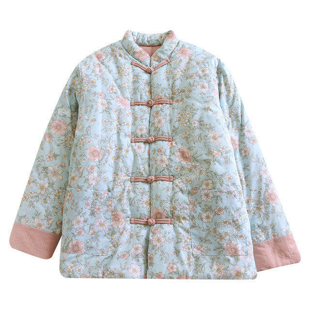Winter 2024 Women's Thick Cotton Jacket New Style Silk Cotton Coat Chinese Style Warm Printed Jacket with Traditional Buttons