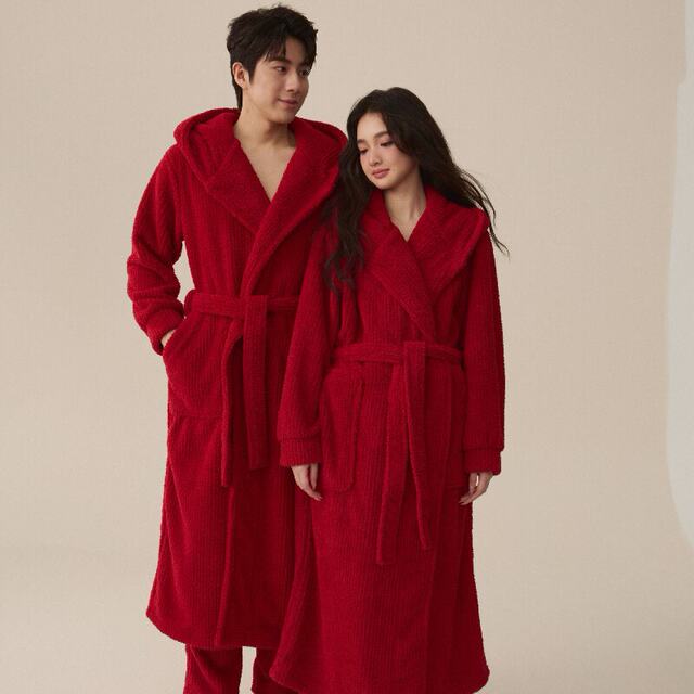 Couple's Pajamas, Men's Thickened and Fleece-Lined Long Nightgown, Ankle-Length Coral Fleece Bathrobe, Women's Winter Warm Loungewear