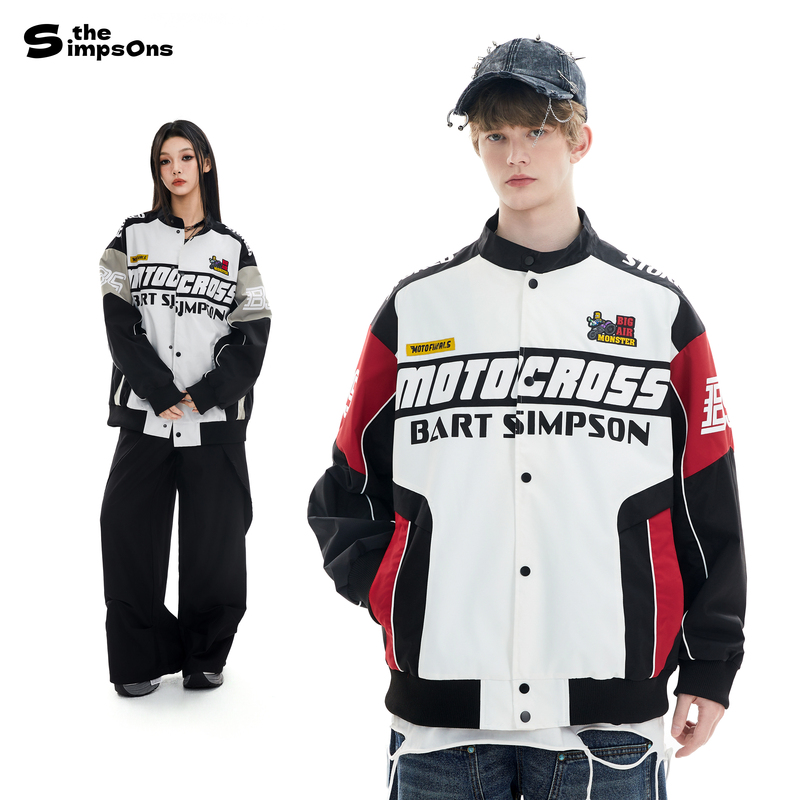 [Same Style as Zhuo Yuan] the Simpsons Racing Suit Men's American High Street Retro Color-Blocking Motorcycle Jacket