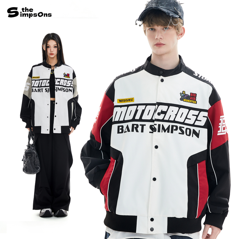 The Simpsons American Motorcycle Racing Jacket Men's 2026 New Letter Logo Three-Dimensional Silhouette Trendy Coat