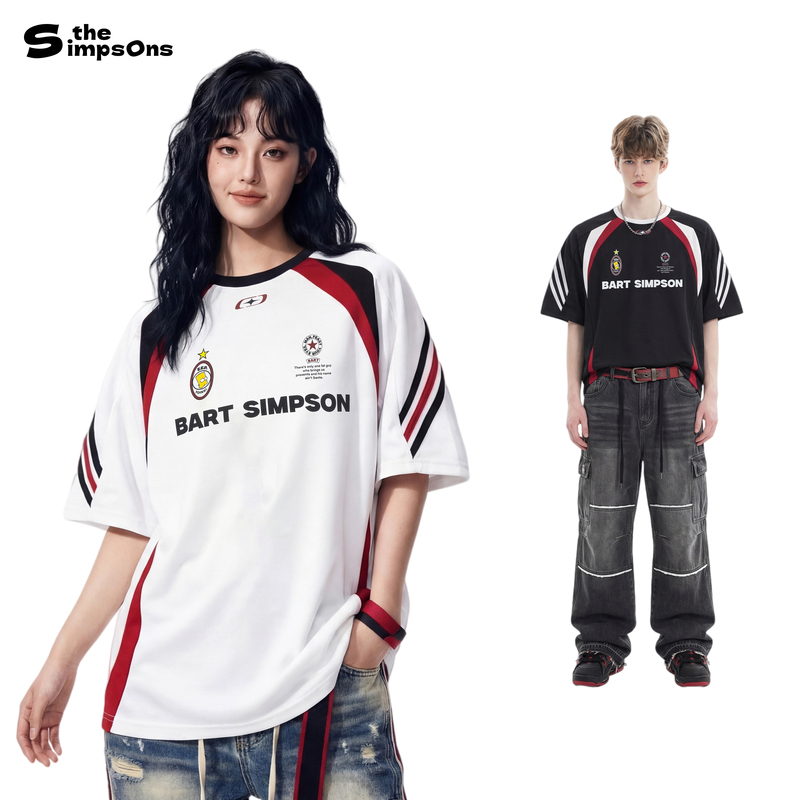 The Simpsons Short-Sleeve T-Shirt for Men, Summer American-Style Letter Print Patchwork Retro Trendy Brand Couple Versatile Top