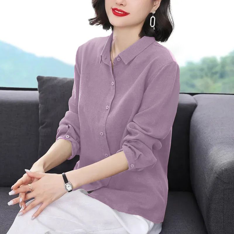 Spring and Summer Cotton and Linen Loose Long-Sleeved Shirts for Women, Casual Thin T-Shirts, Breathable Shirts, Slimming and Versatile Belly-Covering Tops