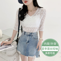 New lace top womens summer wear openwork temperament v-neck middle sleeve thin European and American high-grade short-sleeved base small shirt