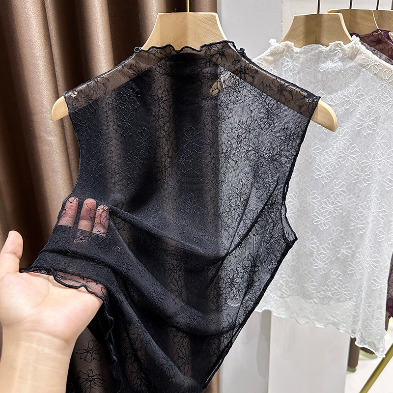 Half-High Collar Lace Sleeveless Vest for Women, See-Through Mesh Base Layer, Layered with Low Neckline, High-End Brand Top