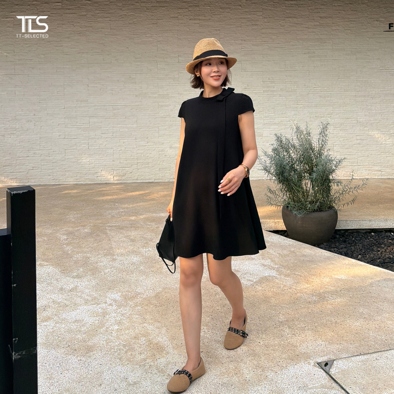 Auntie Tts【Black Ribbon】Acetate Black French Dress for Women 2026 Summer Petite A-Line Dress Auntie Tts【Black Ribbon】Acetate Black French Dress for Women 2026 Summer Petite A-Line Dress