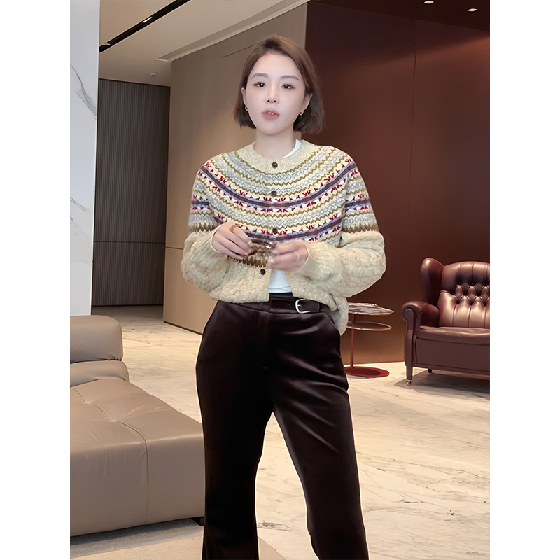 Tt【Huang Er Island】Fair Isle Cashmere Wool Knitted Cardigan for Women 2026 Spring High-End Sweater Coat