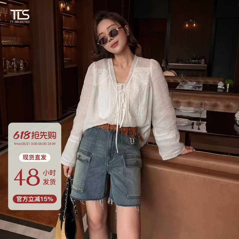Auntie Tts【Ice Powder】Design-Inspired Niche Patchwork Lace Shirt for Women, 2026 Summer New Ramie Top