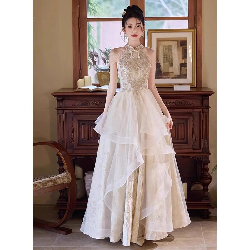 New Chinese-Style Toast Dress 2026 New Summer Bride Engagement Dress Champagne Color High-End Light Luxury Niche Dress New Chinese-Style Toast Dress 2026 New Summer Bride Engagement Dress Champagne Color High-End Light Luxury Niche Dress