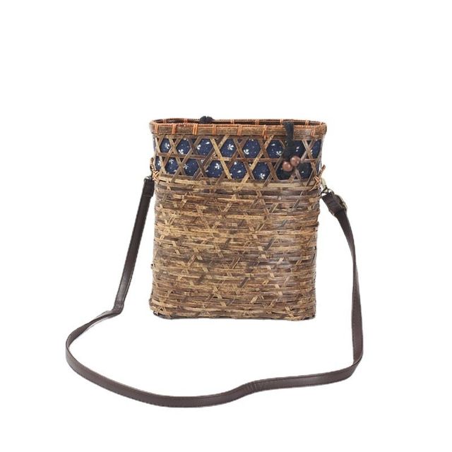 Japanese-Style Bamboo Woven Artistic Tea Set Storage Bag, Bamboo Woven Shoulder Bag, Artistic Retro Drawstring Tea Set Bag, Chinese Style Backpack
