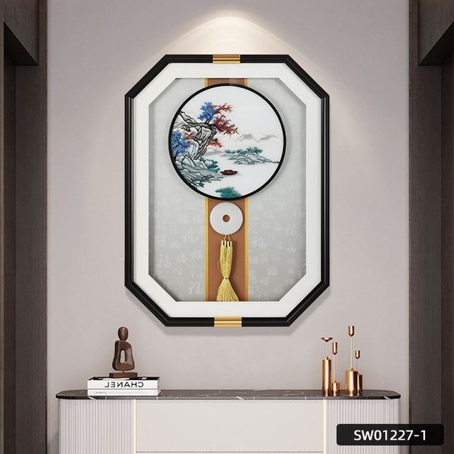 New Chinese-Style Suzhou Embroidery Living Room Decorative Painting, High-End Sofa Background Wall Hanging Painting, Handmade Painting with Octagonal Frame, Embroidered Triptych