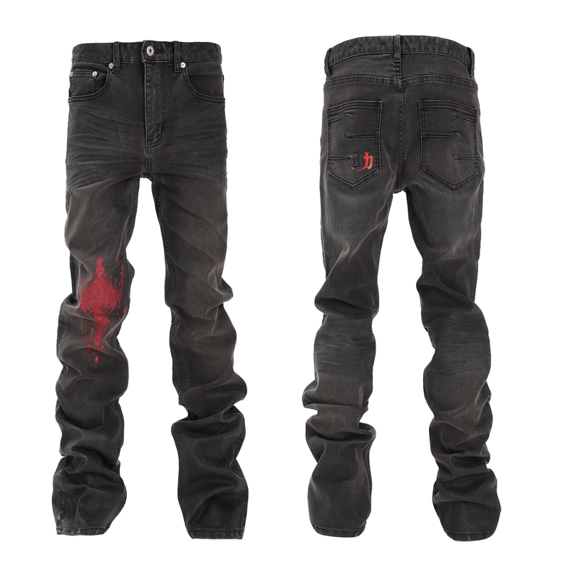 Pulb Original Authentic Product, Heavy-Duty Washed Coating Straight-Leg Stacked Rubber-Encrusted Three-Line Black and Gray Jeans