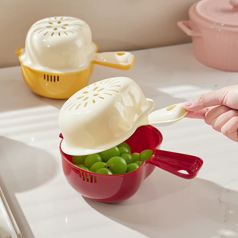 Double-Layer Flip-Top Fruit and Vegetable Draining Basket, Kitchen Vegetable Washing and Draining Basket, Household Plastic Handle Storage Basket