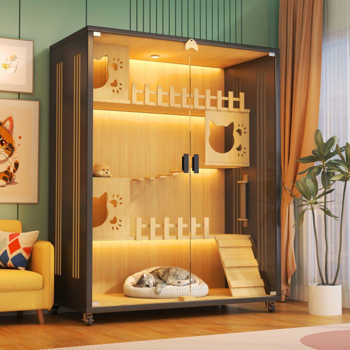 猫用ヴィラ、猫小屋、室内猫用ケージ、特大フリースペース、ペット用猫用キャビネット、密閉型猫用ケージ、猫用ベッド