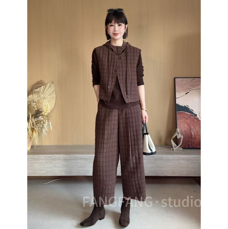 Fangfang Private Label Hooded Vest and Wide-Leg Pants Three-Piece Set for Women, Plaid Casual Elegant Outfit 7678 Fangfang Private Label Hooded Vest and Wide-Leg Pants Three-Piece Set for Women, Plaid Casual Elegant Outfit 7678