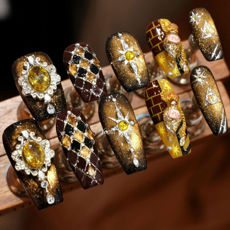 Yuli【Hufflepuff】Purely Handmade Wearable Nails Harry Potter Hufflepuff Sparkling Cat Eye 5A Zircon Diamond Nail Art