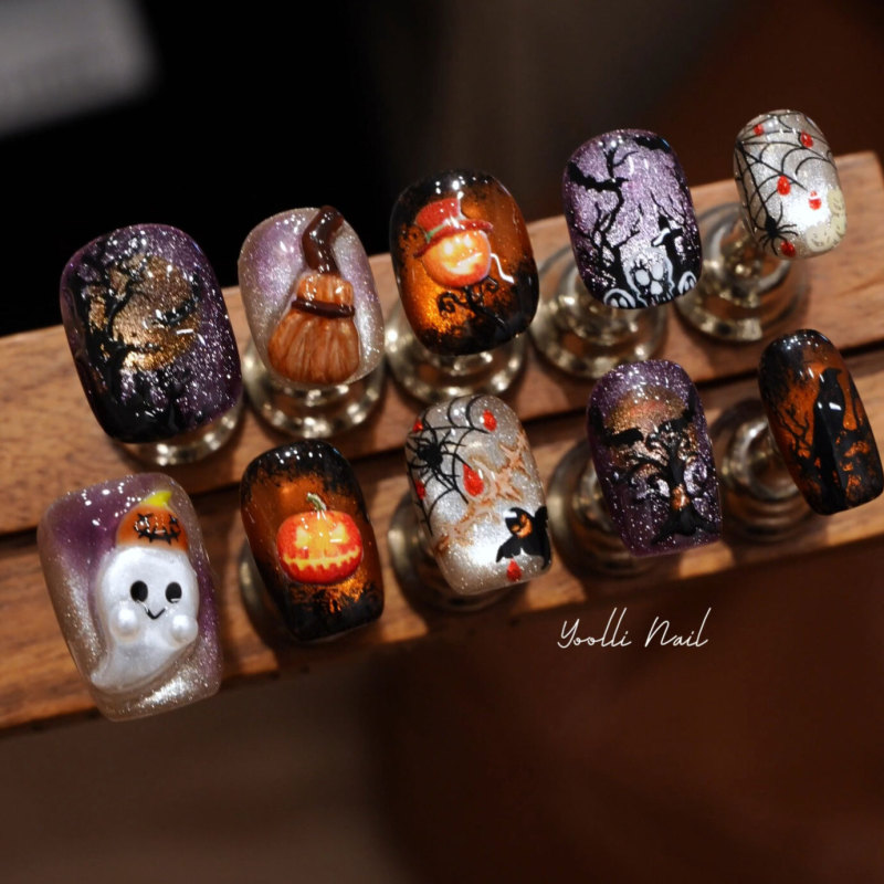 Youli【Ghost Market】Purely Handmade Wearable Nails with Cute Little Ghost and Pumpkin Designs for Halloween Atmosphere