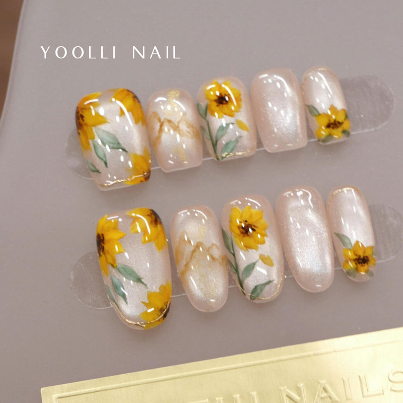 Youli【Sunflower】Handmade Wearable Nails Oil Painting Style Hand-Painted Sunflower Summer Atmosphere Design Nail Art Youli【Sunflower】Handmade Wearable Nails Oil Painting Style Hand-Painted Sunflower Summer Atmosphere Design Nail Art