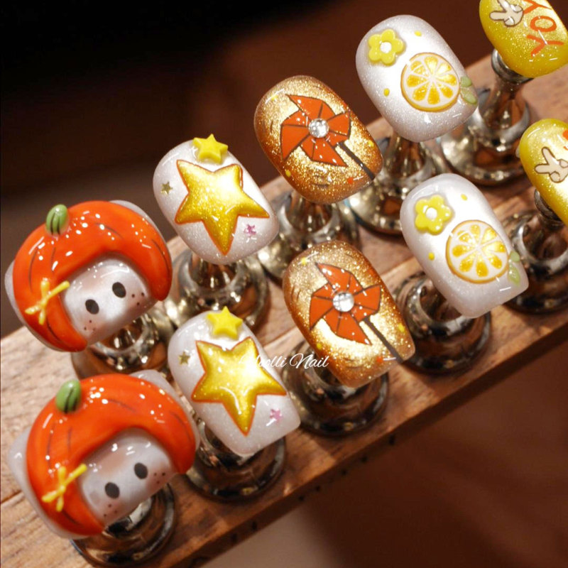 Youli【Orange Light Yoyo】Purely Handmade Wearable Nails with 3D Sculpted Hand-Painted Yoyo Design, Sparkling and Cute Nail Art