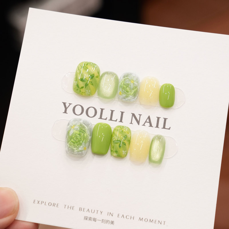 Youli【In Tune with Spring】Purely Handmade Wearable Nails with Butterfly Water Ripple Spring Green Fresh Healing Manicure