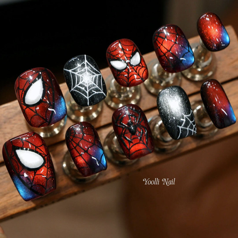 Youli【Spider-Man】Purely Handmade Wearable Nails with Hand-Painted Super Marvel Heroes, Cool Cat-Eye Designer Nail Art