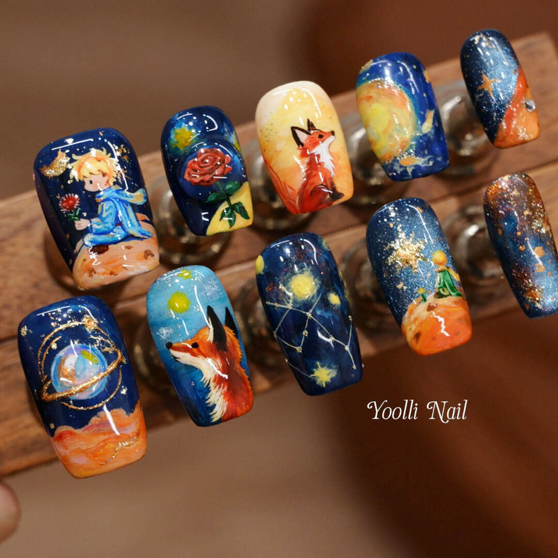 Youli【The Little Prince】Purely Handmade Wearable Nails with Illustration Style Hand-Painted B612 Planet Rose Fox Childlike Nail Art