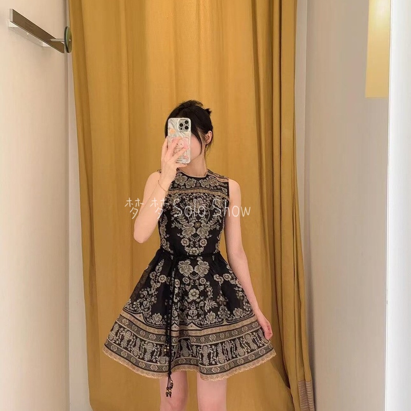 Zimmermann Genuine In-Stock 2025 Spring/Summer Balance Silk and Linen Black Patterned Waist-Pleated Dress