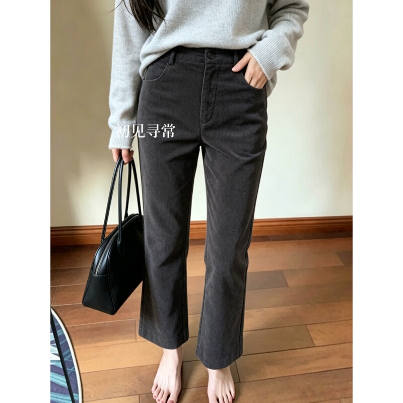 Dark Gray Corduroy Flared Pants for Women 2026 New Retro Slim Fit Bootcut Pants Slimming Casual Straight Nine-Point Pants