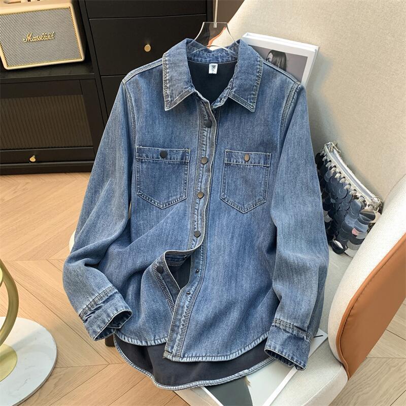New Autumn and Winter Fleece-Lined Denim Shirt for Women, Korean Style Casual Base Layer Layering Shirt, Loose Thickened Warm Top
