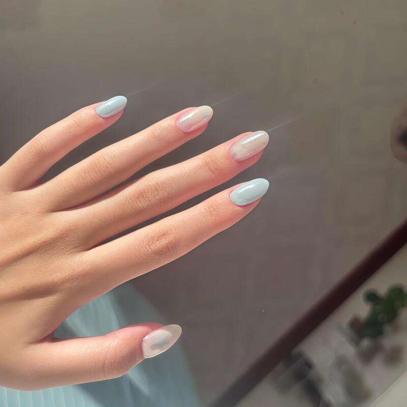Purely Handmade Spring and Summer Coconut Milk White and Sea Blue Polka Dot Star Solid Color Short Oval Nail Stickers That Enhance Complexion