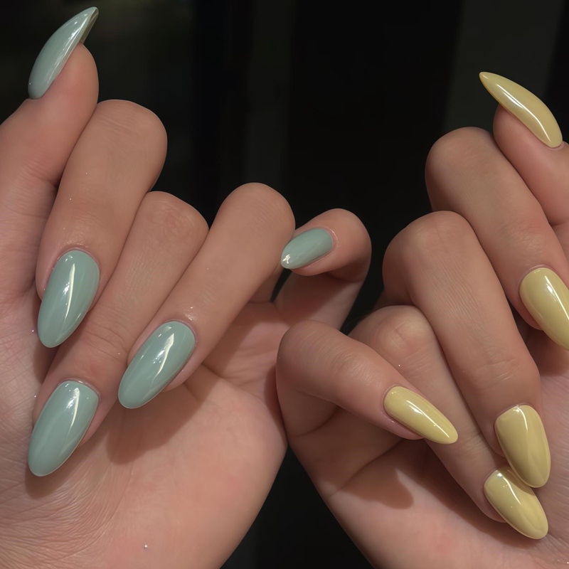 Hailey's Same Style Mandarin Duck Aurora Pink Handmade Wearable Nails, Oval Style, Elegant, Brightening, Milky Yellow, Mint Color-Changing Nail Art